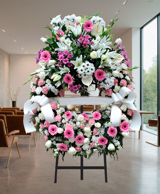 Corona Fúnebre de Rosas Blancas y Gerberas Rosadas en España, Envío Urgente de Flores a Tanatorios